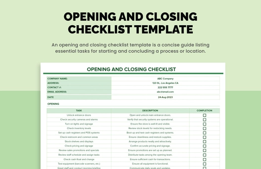 Opening And Closing Checklist Template