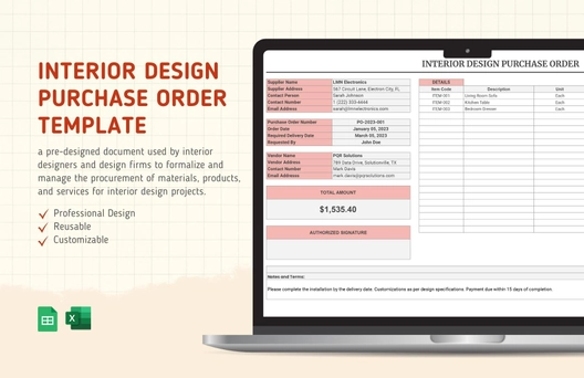 Interior Design Purchase Order Template