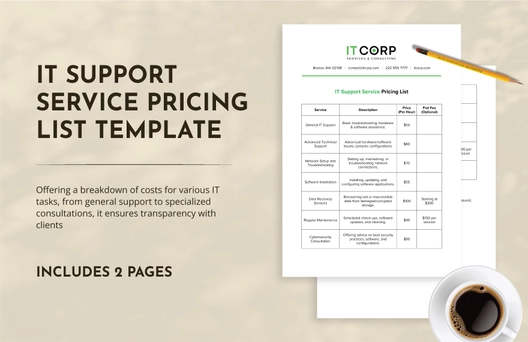 IT Support Service Pricing List Template