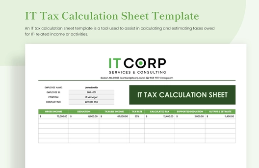 IT Tax Calculation Sheet Template IT Tax Calculation Sheet Template