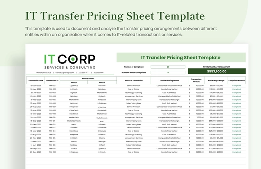 IT Transfer Pricing Sheet Template
