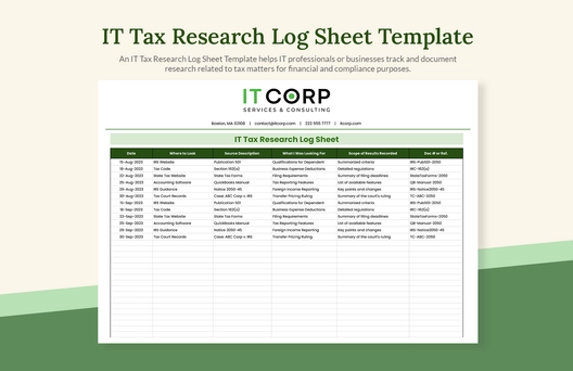 IT Tax Research Log Sheet Template
