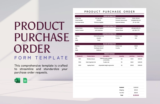 Product Purchase Order Form Template