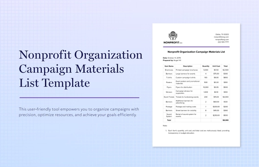 Nonprofit Organization Campaign Materials List Template