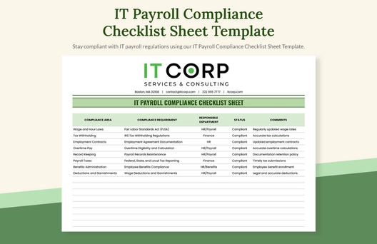 IT Payroll Compliance Checklist Sheet Template