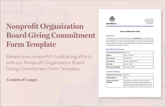 Nonprofit Organization Board Giving Commitment Form Template