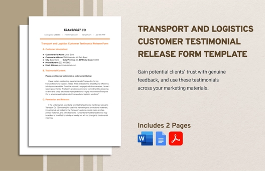 Transport and Logistics Customer Testimonial Release Form Template