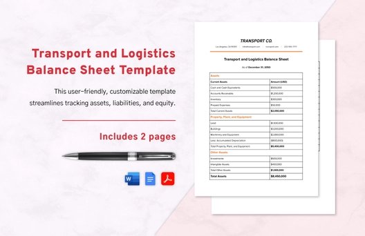 Transport and Logistics Balance Sheet Template