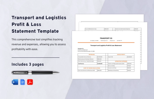 Transport and Logistics Profit & Loss Statement Template