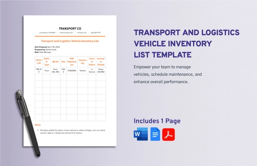 Transport and Logistics Vehicle Inventory List Template