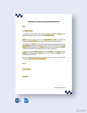Reference Letter for Teacher from Parents Reference Letter for Teacher from Parents
