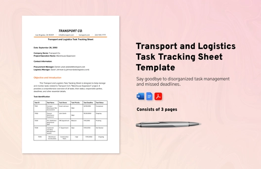 Transport and Logistics Task Tracking Sheet Template