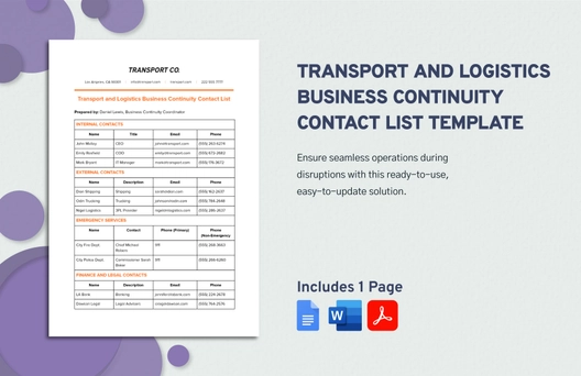 Transport and Logistics Business Continuity Contact List Template