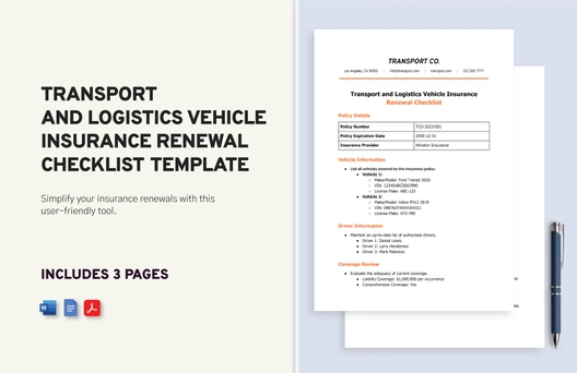 Transport and Logistics Vehicle Insurance Renewal Checklist Template