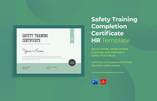 Safety Training Completion Certificate HR Template