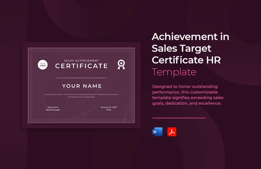 Achievement in Sales Target Certificate HR Template