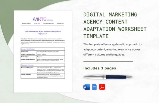 Digital Marketing Agency Content Adaptation Worksheet Template
