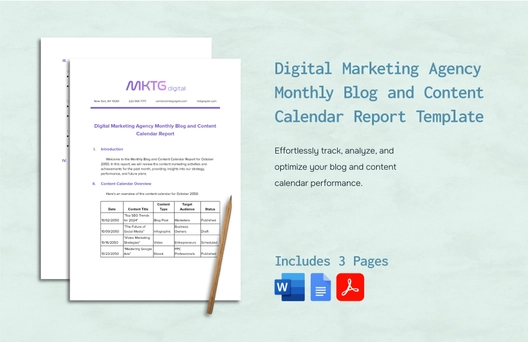 Digital Marketing Agency Monthly Blog and Content Calendar Report Template