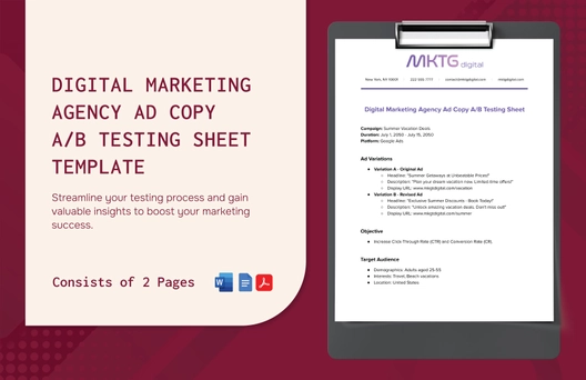 Digital Marketing Agency Ad Copy A/B Testing Sheet Template
