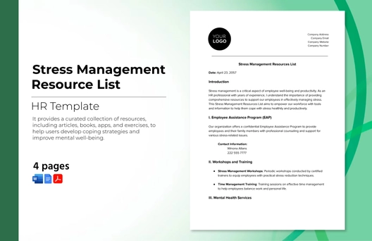 Stress Management Resources List HR Template