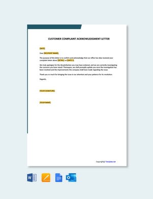 Customer Complaint Acknowledgement Letter