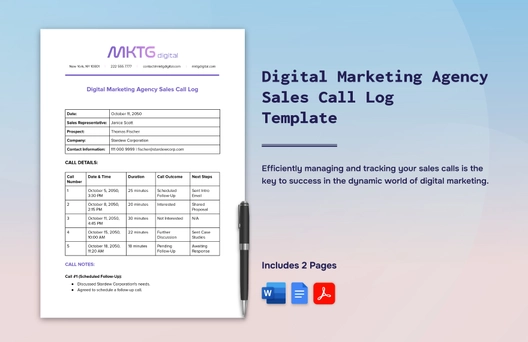 Digital Marketing Agency Sales Call Log Template