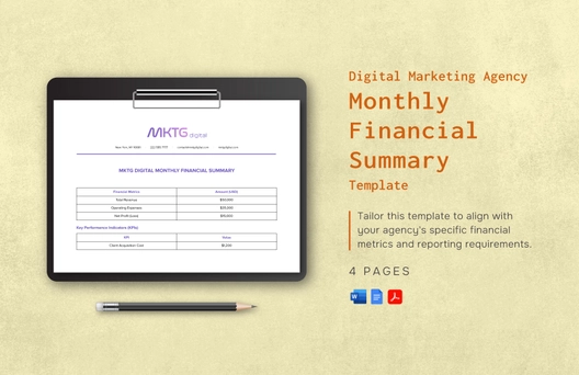 Digital Marketing Agency Monthly Financial Summary Template