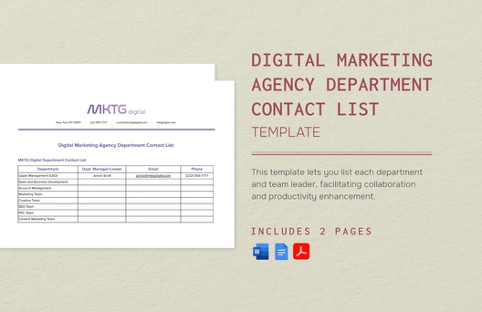 Digital Marketing Agency Department Contact List Template