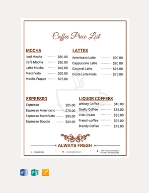 Coffee Shop Price List Template