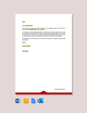 Company Acknowledgement Letter for Employee