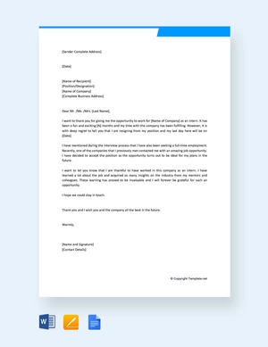 Training Internship Resignation Letter Template Training Internship Resignation Letter Template