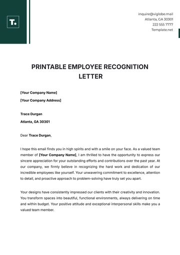 Free Printable Employee Recognition Letter Template to Edit Online