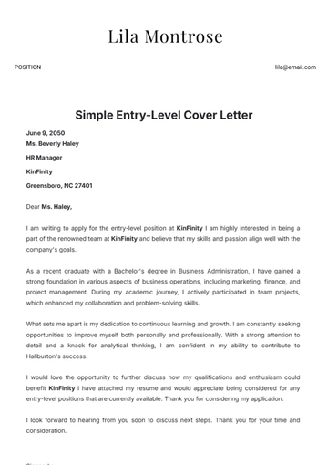 Free Simple Entry-Level Cover Letter Template to Edit Online