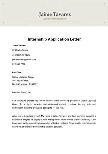 Free Internship Application Letter  Template to Edit Online