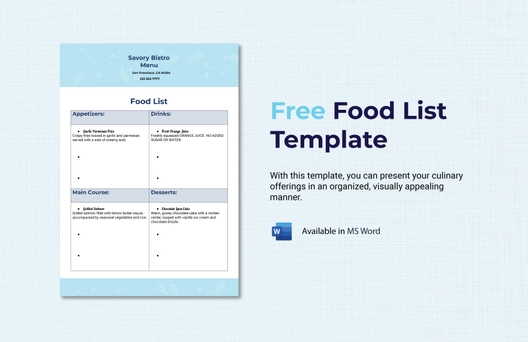 Food List Template Food List Template