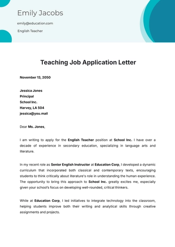 Free Teaching Job Application Letter Template to Edit Online