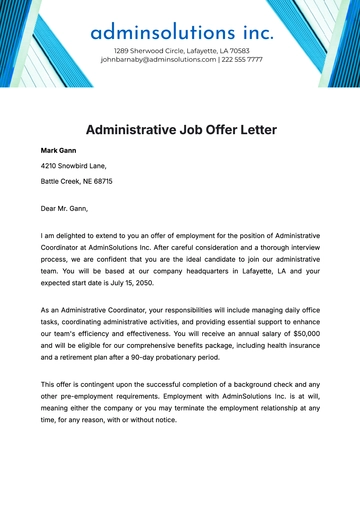 Free Administrative Job Offer Letter  Template to Edit Online
