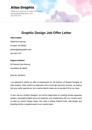Free Graphic Design Job Offer Letter  Template to Edit Online