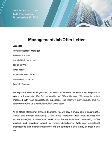 Free Management Job Offer Letter  Template to Edit Online