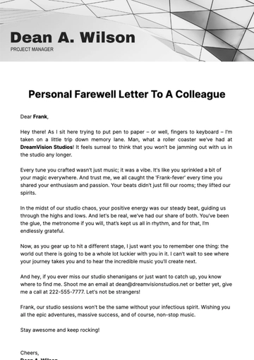 Free Personal Farewell Letter to a Colleague  Template to Edit Online
