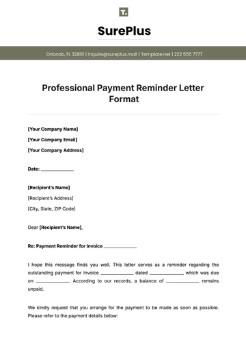 Free Professional Payment Reminder Letter Format Template to Edit Online