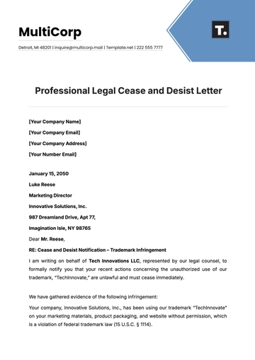 Free Professional Legal Cease and Desist Letter Template to Edit Online
