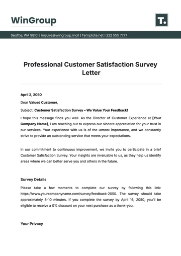 Free Professional Customer Satisfaction Survey Letter Template to Edit Online
