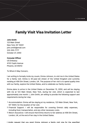 Free Family Visit Visa Invitation Letter . Template to Edit Online