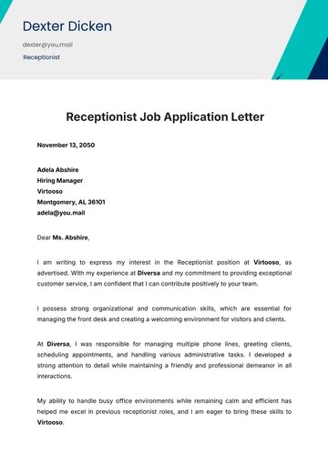 Free Receptionist Job Application Letter Template to Edit Online