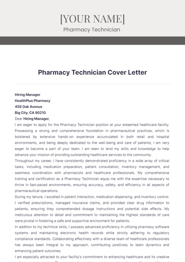 Free Pharmacy Technician Cover Letter  Template to Edit Online