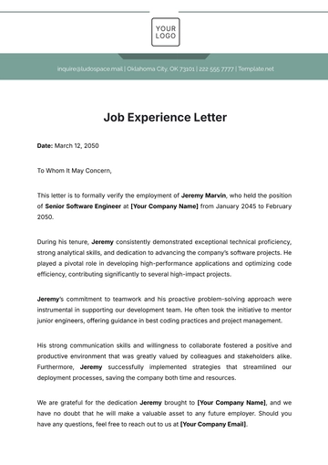 Free Job Experience Letter Template to Edit Online