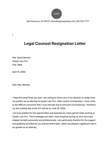 Free Legal Counsel Resignation Letter  Template to Edit Online