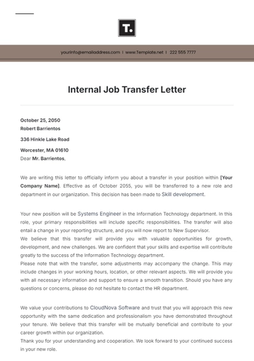 Free Internal Job Transfer Letter Template to Edit Online