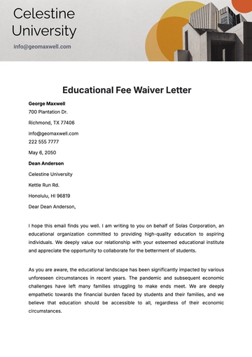 Free Educational Fee Waiver Letter  Template to Edit Online